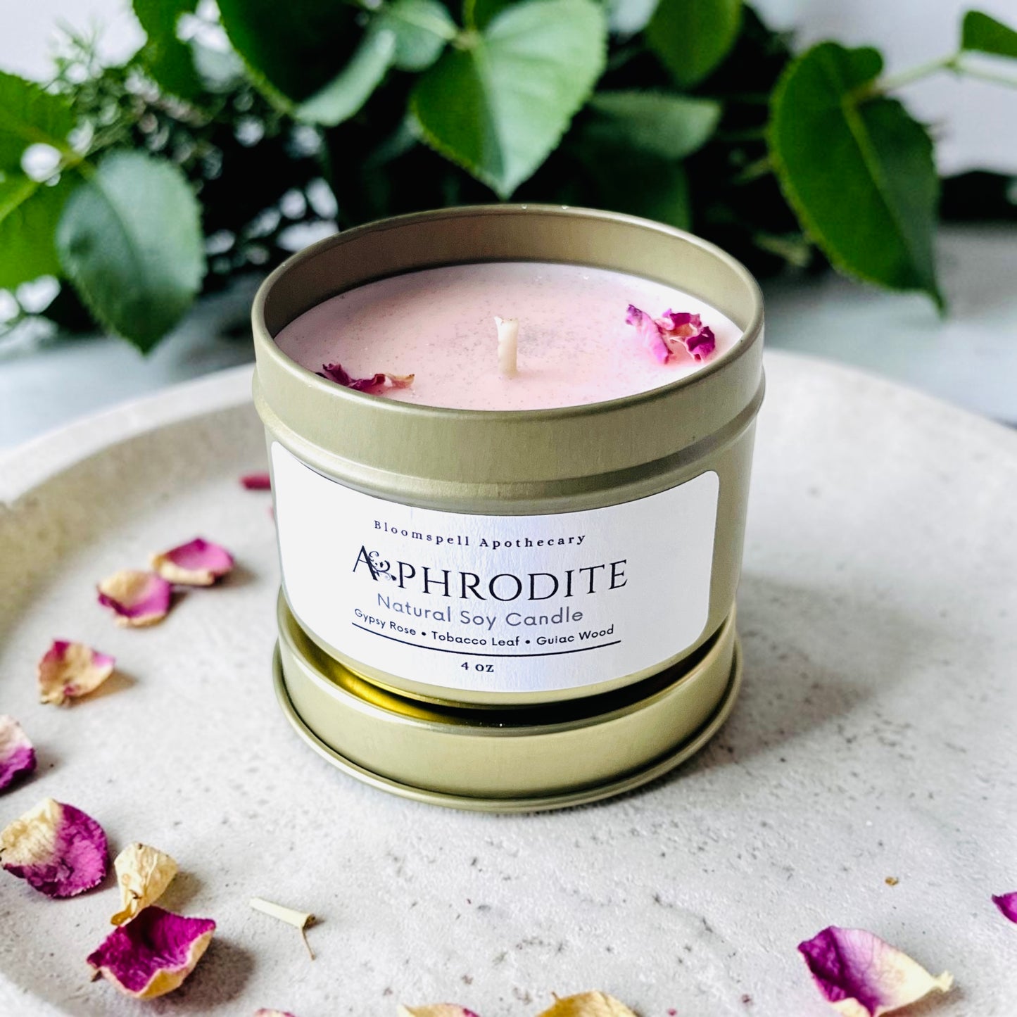 Aphrodite 4 oz Travel Tin Candle | Pure Soy Candle Bloomspell Apothecary