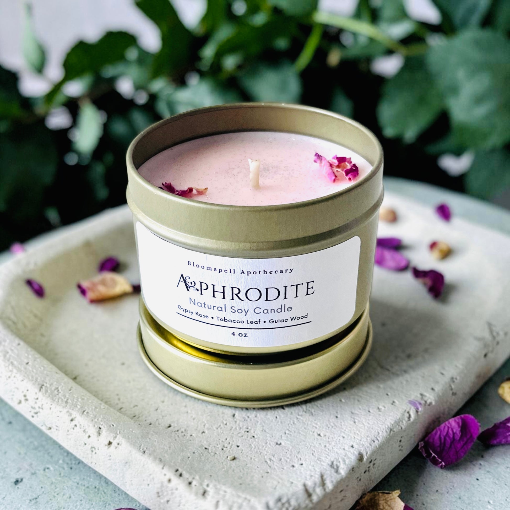 Aphrodite 4 oz Travel Tin Candle | Pure Soy Candle Bloomspell Apothecary