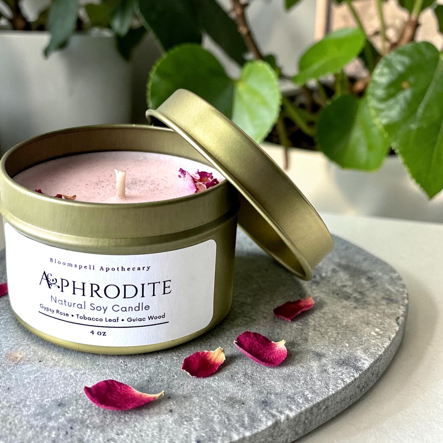 Aphrodite 4 oz Travel Tin Candle | Pure Soy Candle Bloomspell Apothecary